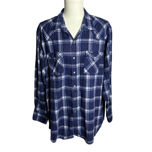Vintage 90s Dickies Pearl Snap Western Shirt 2LX Blue Plaid Flannel Long Sleeve - Picture 1 of 6